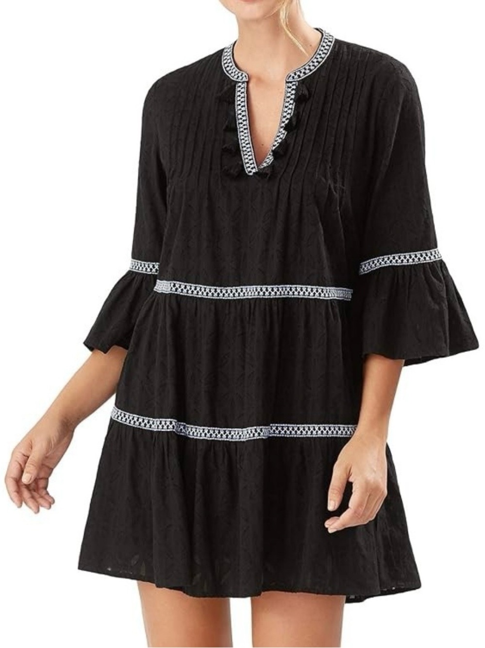 Tommy Bahama Dress Size M Cotton Clip Embellished and Ruffles Black